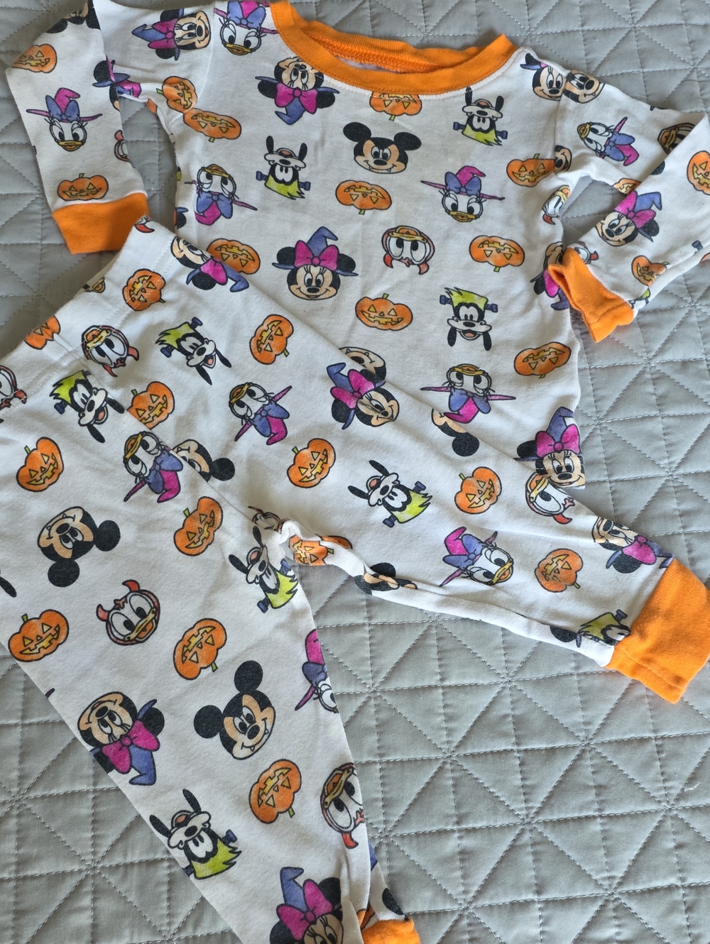 Disney White Pajama Set with Orange Trim and Colorful Halloween Characters